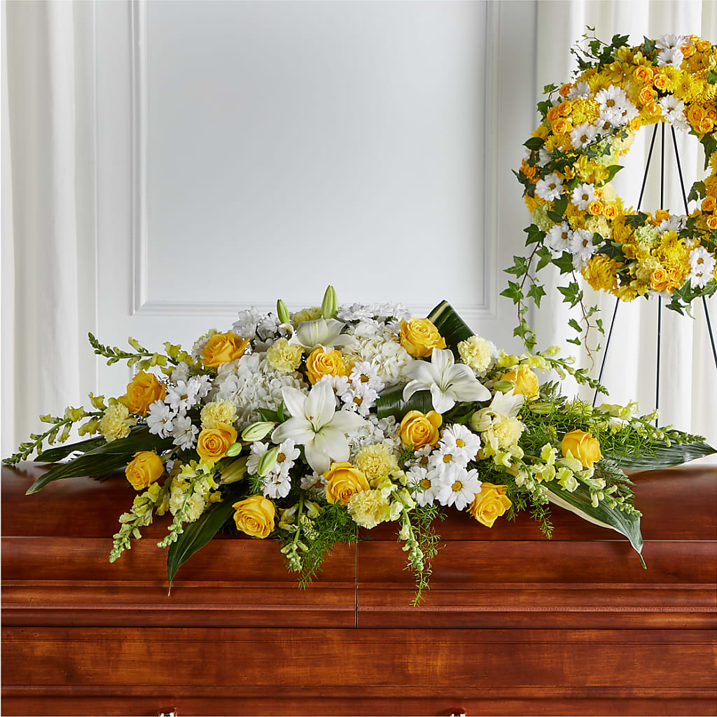 Golden Harmony Casket Spray – The Flower Shop For All Occasions, California MO