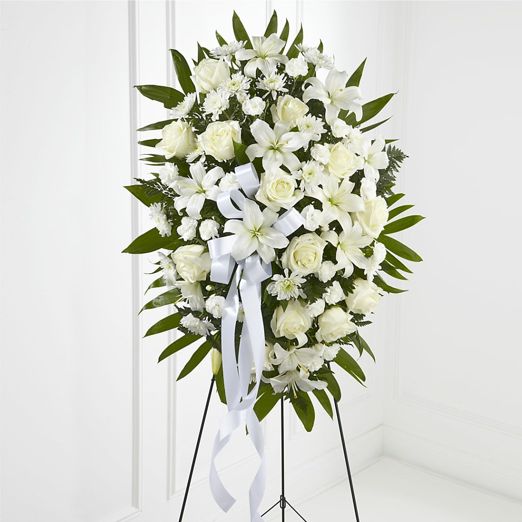 Exquisite Tribute Standing Spray-White Ribbon – The Flower Shop For All Occasions, California MO